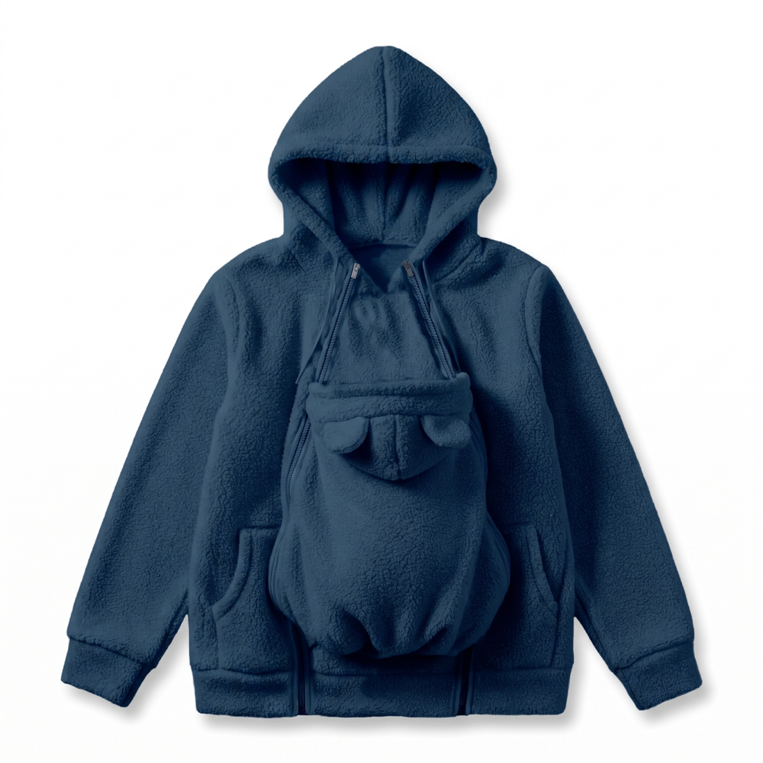 Blauer Fleece-Kapuzenpullover von vorn mit geöffnetem Reißverschluss und ausgeklapptem Babyeinsatz mit kleinen Bärenohren.