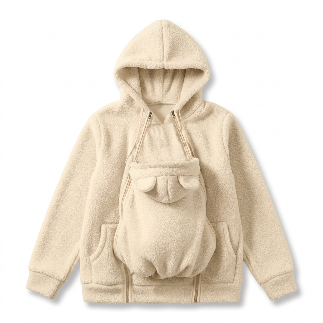 Cremefarbener Teddyfleece-Hoodie von vorn mit geöffneten Reißverschlüssen und ausgeklapptem Babyeinsatz.