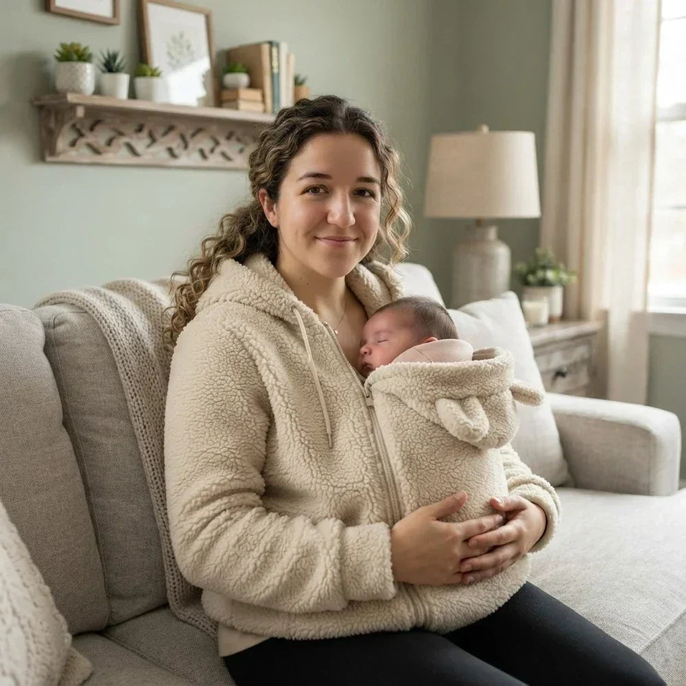 Lächelnde Frau in cremefarbenem Fleece-Kapuzenpullover sitzt auf einem Sofa und trägt ein schlafendes Baby in der Front-Babytasche.