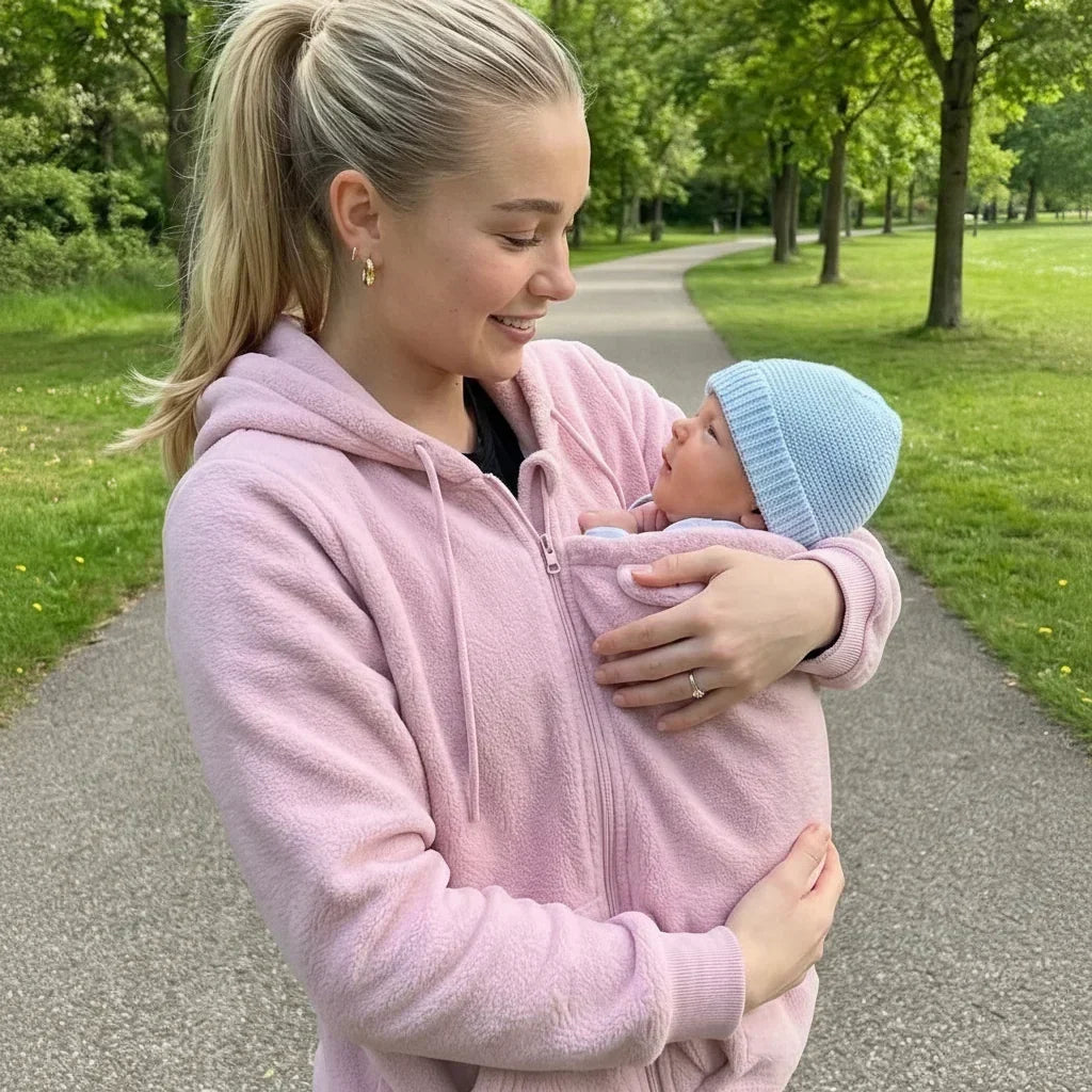 Beiger Sherpa-Fleece-Hoodie, Detail mit eingezipptem Babytrageeinsatz im Park.