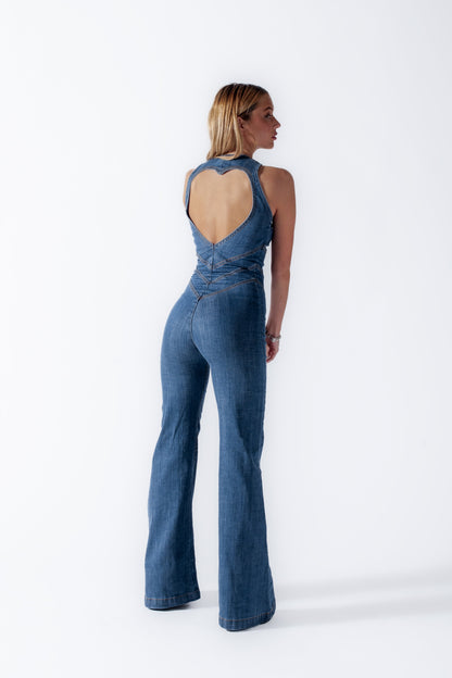 Herzförmiger Rückenfreier Jeans-Jumpsuit Damen – Herbstlaub Edition