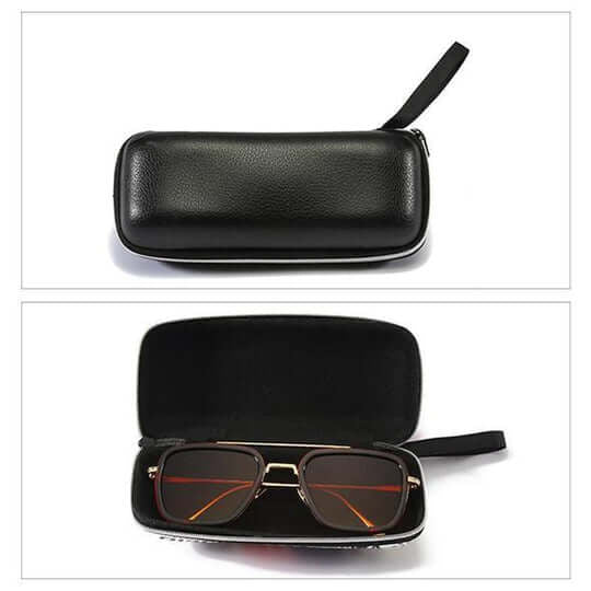 Schwarzes Reißverschluss-Etui mit Lederoptik geschlossen und darunter geöffnet mit einer Sonnenbrille darin 9