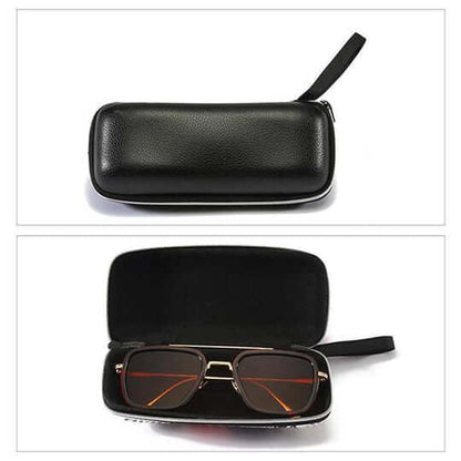 Schwarzes Reißverschluss-Etui mit Lederoptik geschlossen und darunter geöffnet mit einer Sonnenbrille darin 9