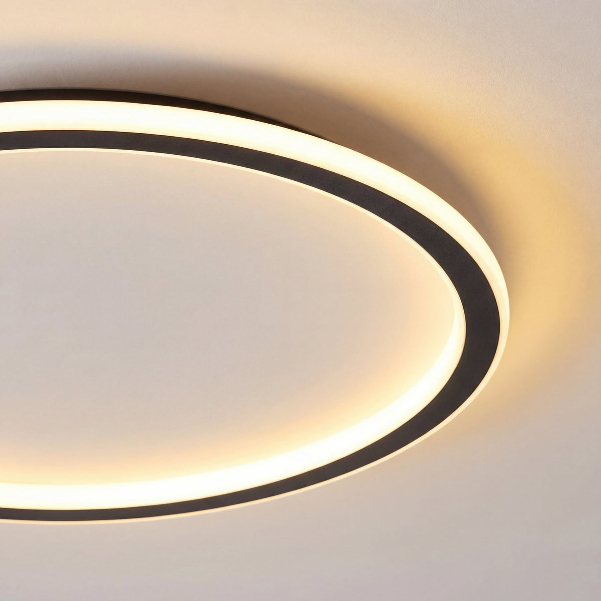 Schwarze runde LED-Deckenleuchte, Detail des Rahmens und des leuchtenden Rings.