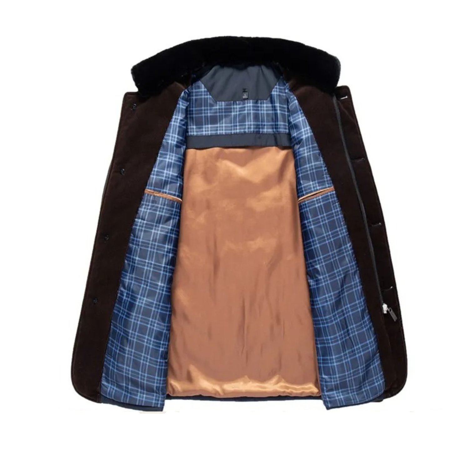 Dunkelbrauner Herrenmantel mit blau kariertem Innenfutter und beigem Satinfutter.