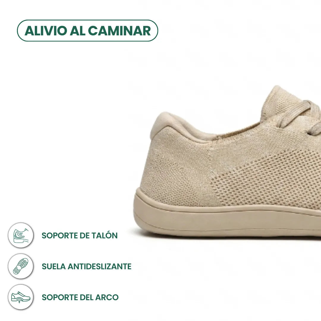 Beiger Sneaker, Fersenbereich im Anschnitt, daneben Symbole zu Fersenhalt, rutschfester Sohle und Fußgewölbeunterstützung. 4
