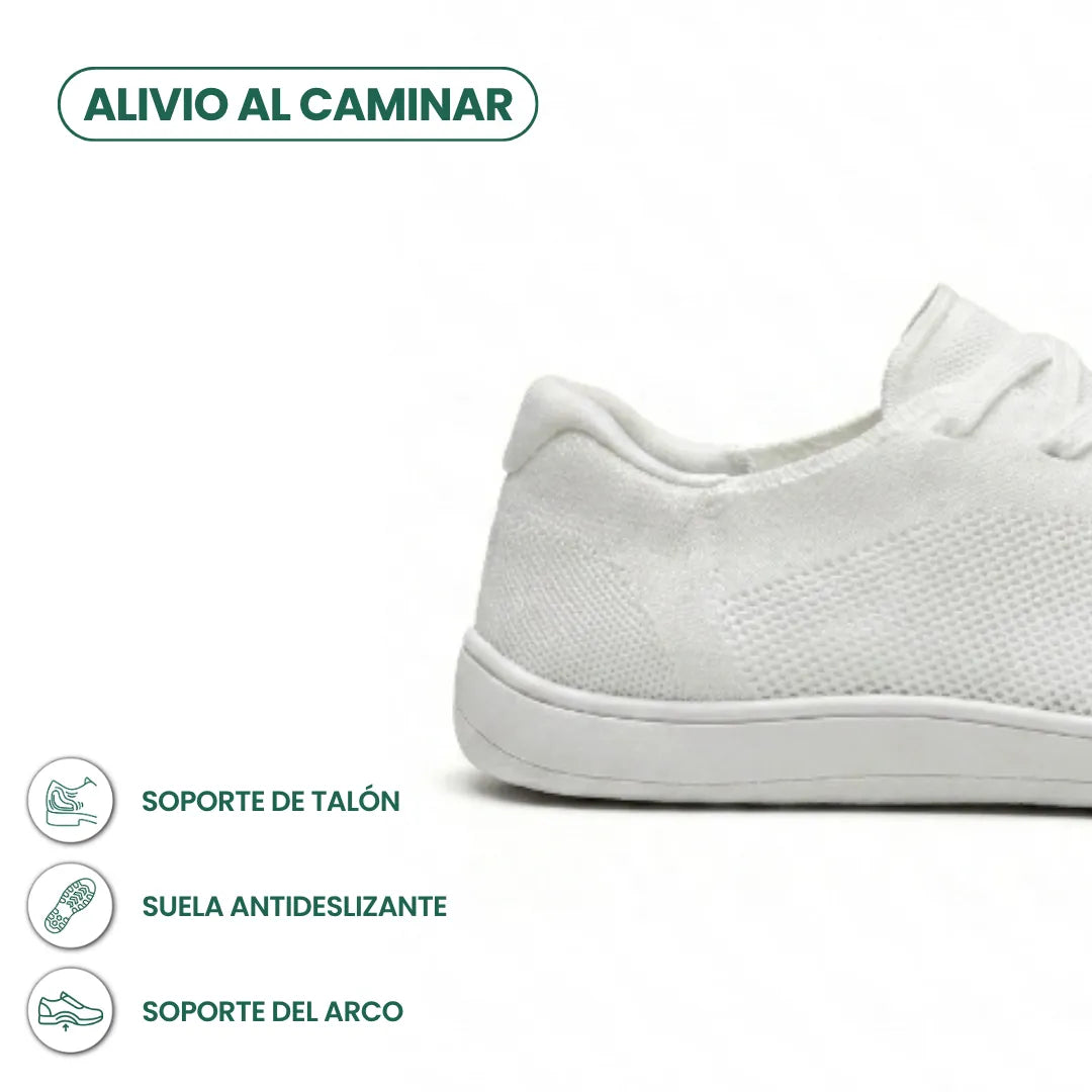 Seitliche Detailansicht der Ferse des weißen Mesh-Sneakers mit weißer Sohle und Symbolen für Fersenhalt, rutschfeste Sohle und Fußgewölbestütze 40