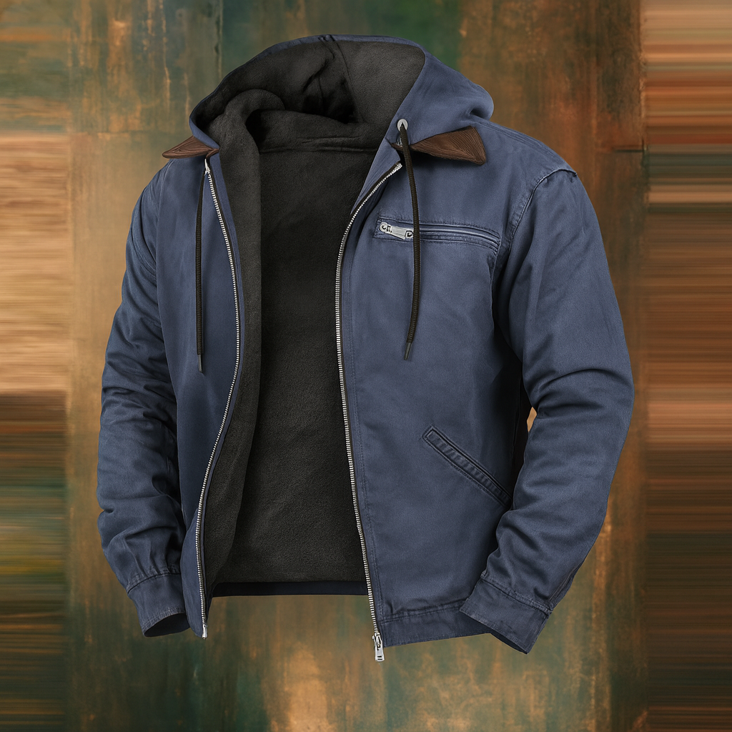Offene Herren-Bomberjacke in Blaugrau mit Kapuze, Brusttasche mit Reißverschluss und dunklem Fleecefutter