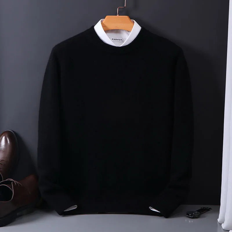 Schwarzer Herrenpullover aus Wolle, klassisches Design, elegant, warm, modisch.