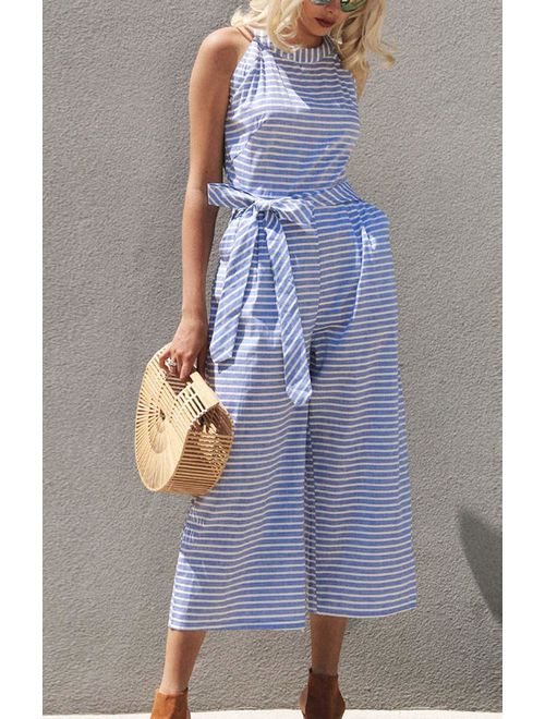 Gestreifter Sommer-Jumpsuit für Damen mit weitem Bein und V-Ausschnitt – Alina