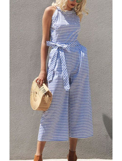 Gestreifter Sommer-Jumpsuit für Damen mit weitem Bein und V-Ausschnitt – Alina