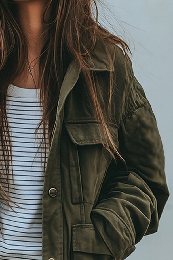 Damen-Utility-Jacke in Grün, Detail von Kragen und Brusttasche mit Klappe