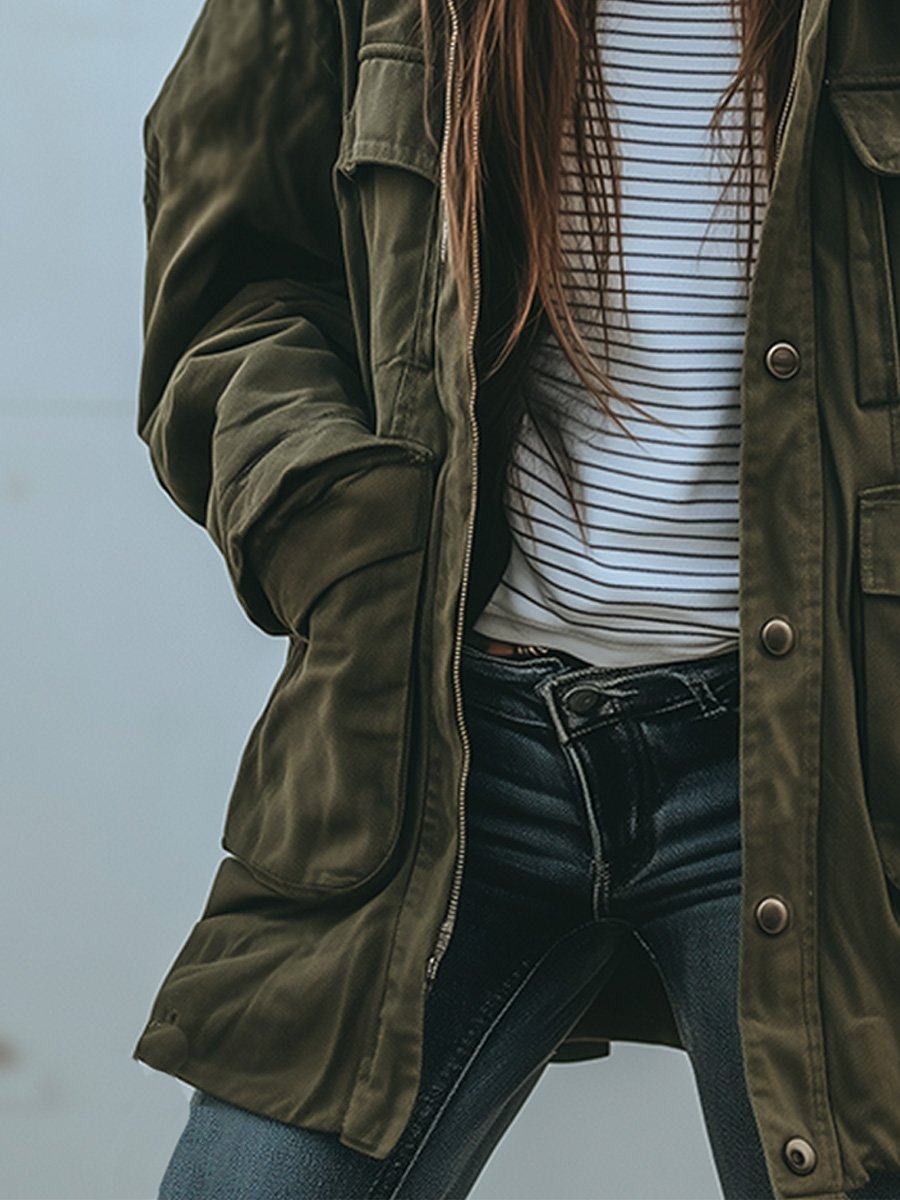 Damen-Utility-Jacke in Grün, Detail der linken Seite mit Reißverschluss, Klappentasche und weitem Ärmel