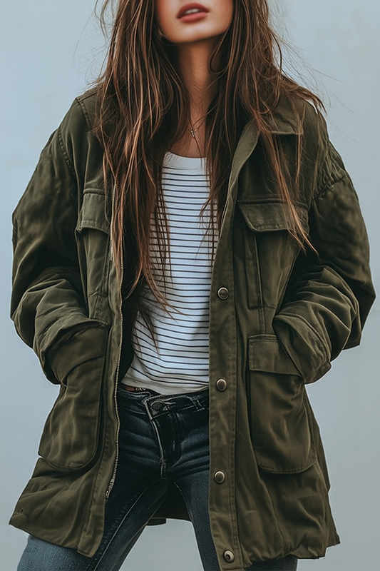 Damen-Utility-Jacke in Grün, offen getragen über gestreiftem Shirt und dunkler Jeans