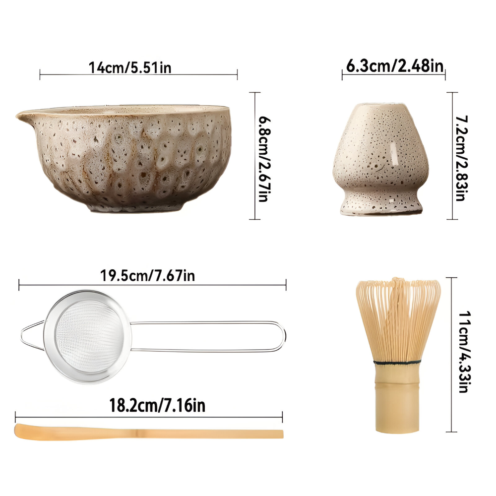 Maßgrafik des 5-teiligen Matcha-Sets in Creme mit Größenangaben in Zentimetern und Zoll