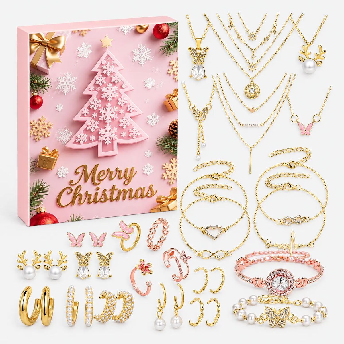 Rosa Adventskalender-Schachtel mit Weihnachtsbaum-Motiv, daneben goldene Halsketten, Armbänder, Ohrringe, Ringe und eine Armbanduhr mit rosé-goldenem Band ausge 2