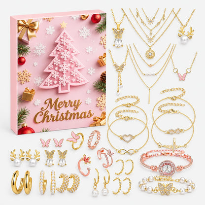 Rosa Adventskalender-Schachtel mit Weihnachtsbaum-Motiv, daneben goldene Halsketten, Armbänder, Ohrringe, Ringe und eine Armbanduhr mit rosé-goldenem Band ausge 2