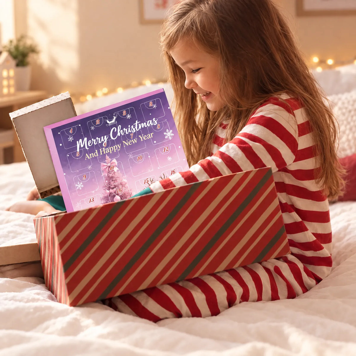 Kleines Mädchen im rot-weiß gestreiften Schlafanzug sitzt auf dem Bett und packt den violett-rosa Adventskalender aus der Geschenkbox. 3