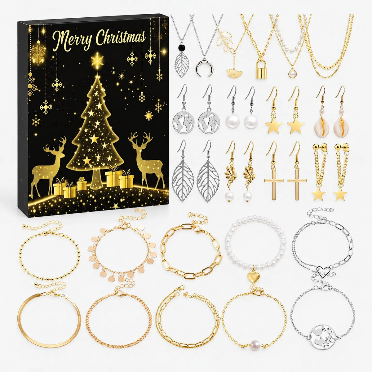 Schwarze Adventskalender-Schachtel mit goldenem Tannenbaum und Rentieren, davor Halsketten, Ohrhänger und Armbänder in Gold und Silber mit Perlen und Blattmotiv 5