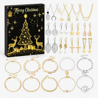Schwarze Adventskalender-Schachtel mit goldenem Tannenbaum und Rentieren, davor Halsketten, Ohrhänger und Armbänder in Gold und Silber mit Perlen und Blattmotiv 5