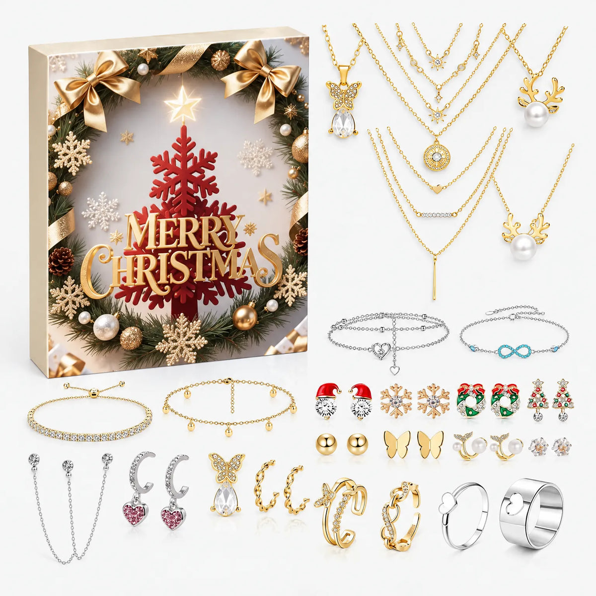 Cremefarbene Schachtel mit Weihnachtskranz-Motiv, davor Halsketten mit Rentier-Perlen-Anhängern, Armbänder, Weihnachtsohrstecker, Creolen und Ringe in Gold und 6