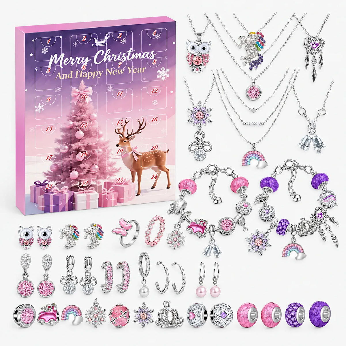 Rosa-violetter Adventskalender mit nummerierten Türchen und Rentier, davor silberfarbene Halsketten, Charm-Armbänder, Perlen, Ohrringe und Ringe mit Eulen-, Ein 7