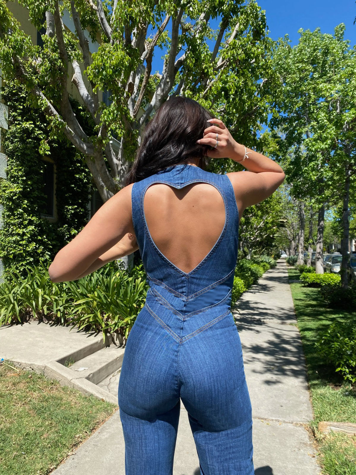 Herzförmiger Rückenfreier Jeans-Jumpsuit Damen – Herbstlaub Edition