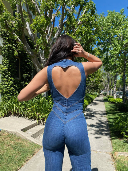 Herzförmiger Rückenfreier Jeans-Jumpsuit Damen – Herbstlaub Edition