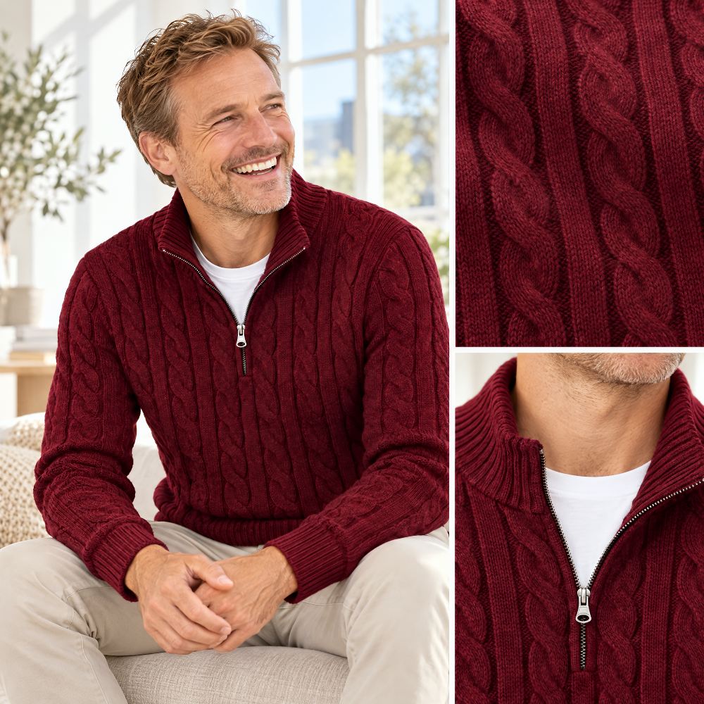 Collage des weinroten Zopfpullovers: lachender Mann auf dem Sofa, dazu Nahaufnahmen von Zopfmuster und Reißverschluss mit Kragen. 6