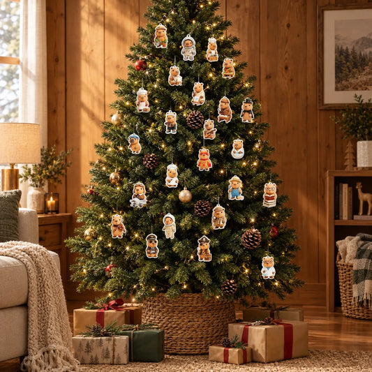 Geschmückter Weihnachtsbaum mit vielen kleinen Anhängern in Form verkleideter Wasserschweine, darunter Geschenke in einem gemütlichen Wohnzimmer mit Holzwand. 1