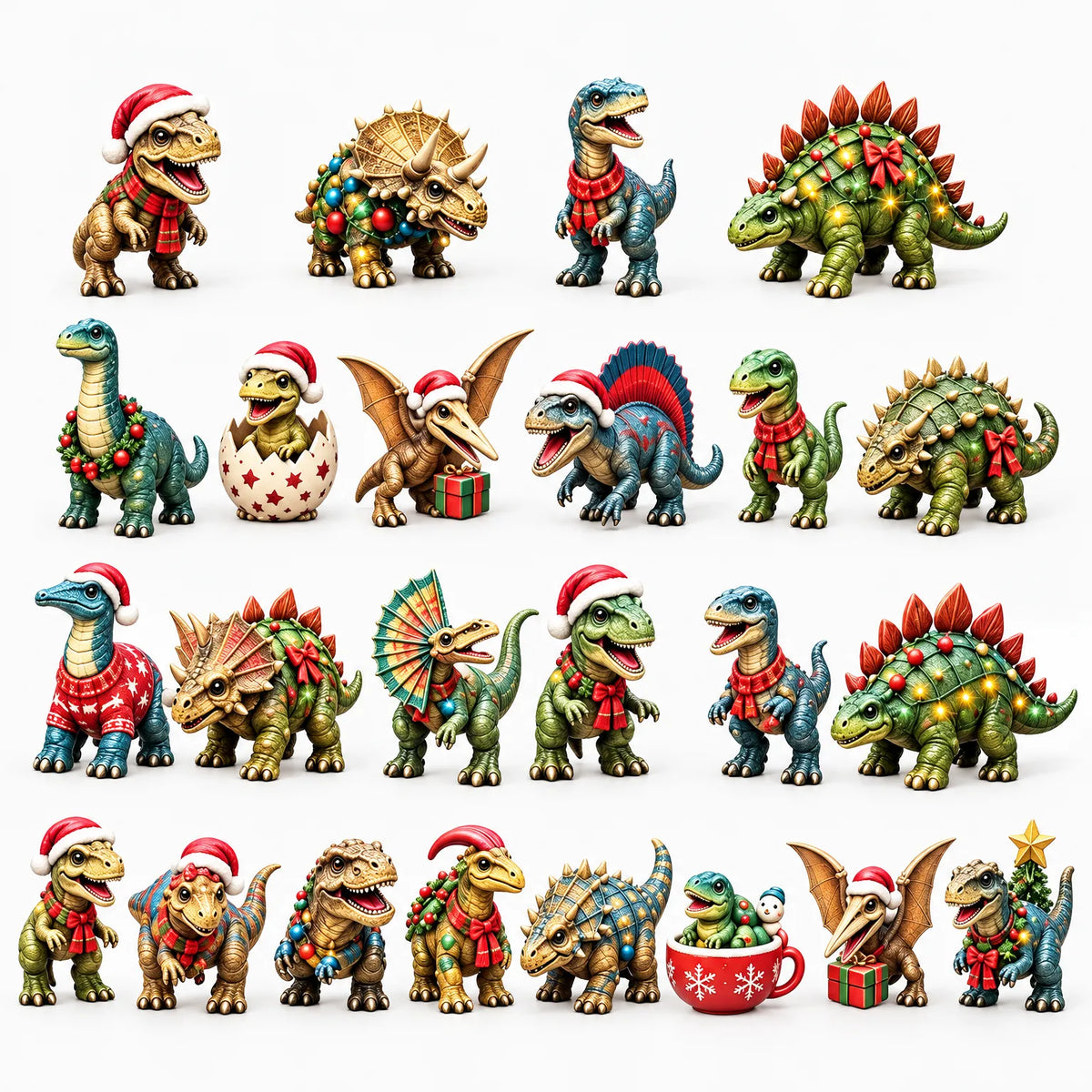 Alle Dinosaurier-Figuren des Kalenders mit Weihnachtsmützen, Schals und Lichterketten in Reihen vor weißem Hintergrund 2