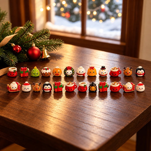 Zwei Reihen kleiner weihnachtlicher Figuren mit Gesichtern auf einem Holztisch, daneben Tannenzweige, rote Kugeln und ein Fenster mit Lichterkette. 1