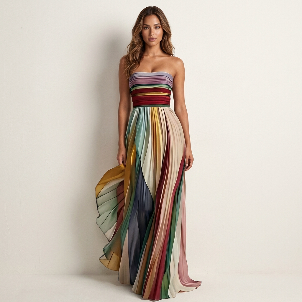Bunt gestreiftes, plissiertes Maxikleid mit trägerlosem Oberteil, frontal im Stand.