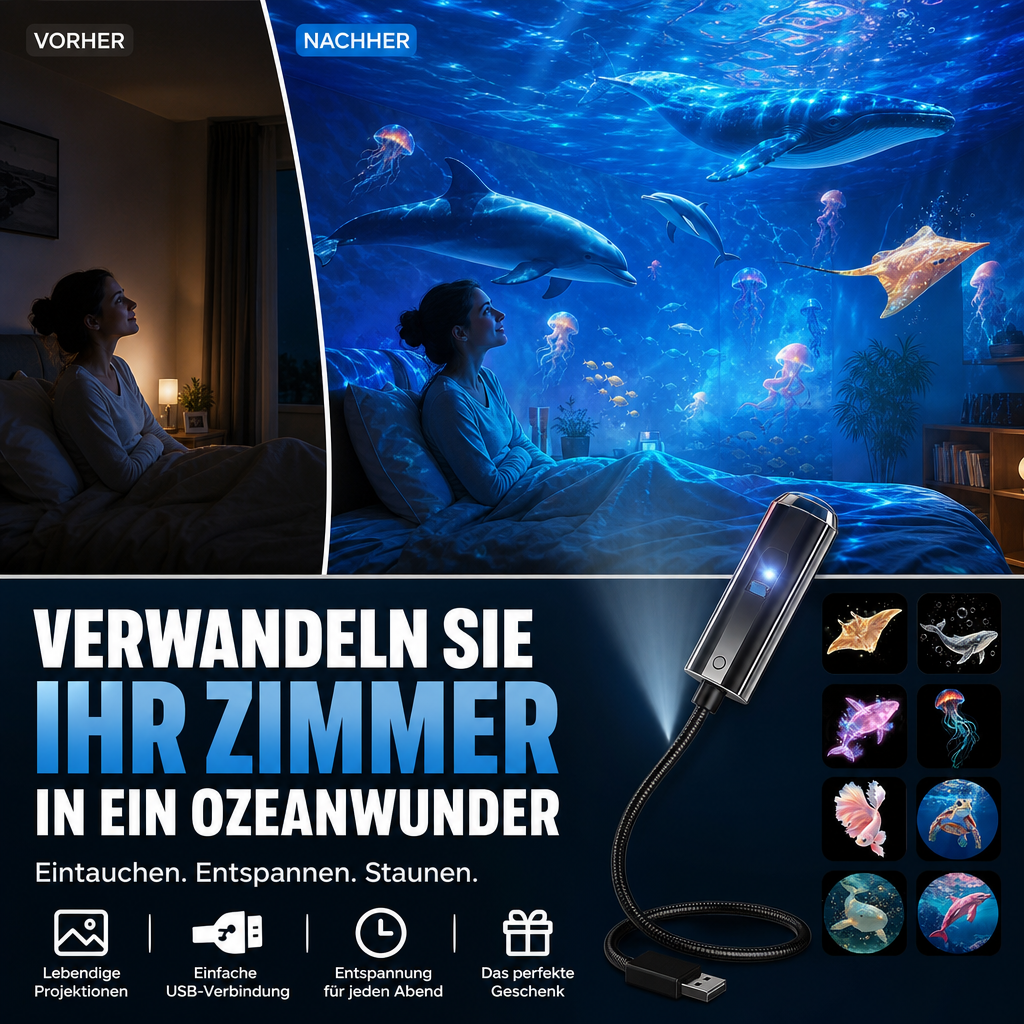 Vorher-nachher-Vergleich: Frau im Bett, Zimmerwand mit Ozean-Projektion aus Delfinen, Wal und Quallen, unten der Projektor 1