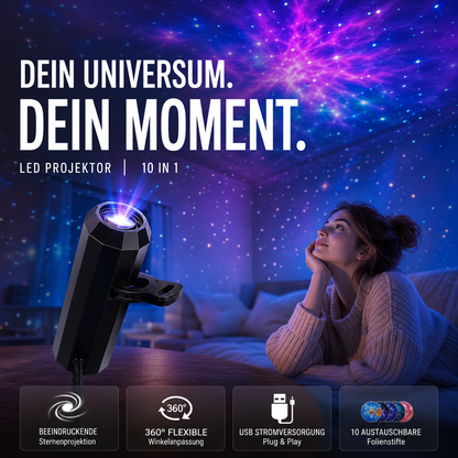 Schwarzer Projektor mit Klemme wirft Sternenhimmel an die Decke, Frau liegt träumend auf dem Sofa 2