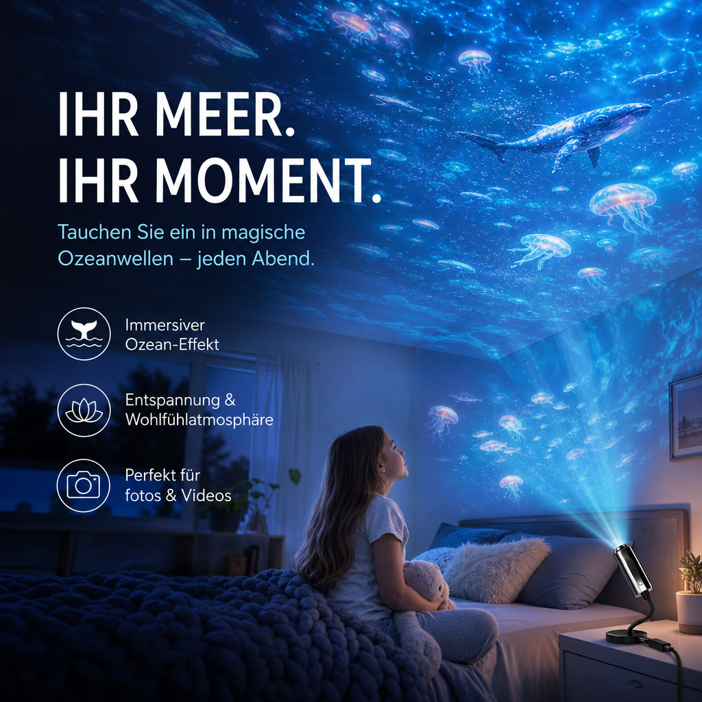 Mädchen im Bett blickt auf Ozean-Projektion mit Wal und Quallen, Projektor steht auf dem Nachttisch 3