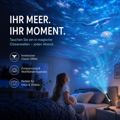 Mädchen im Bett blickt auf Ozean-Projektion mit Wal und Quallen, Projektor steht auf dem Nachttisch 3