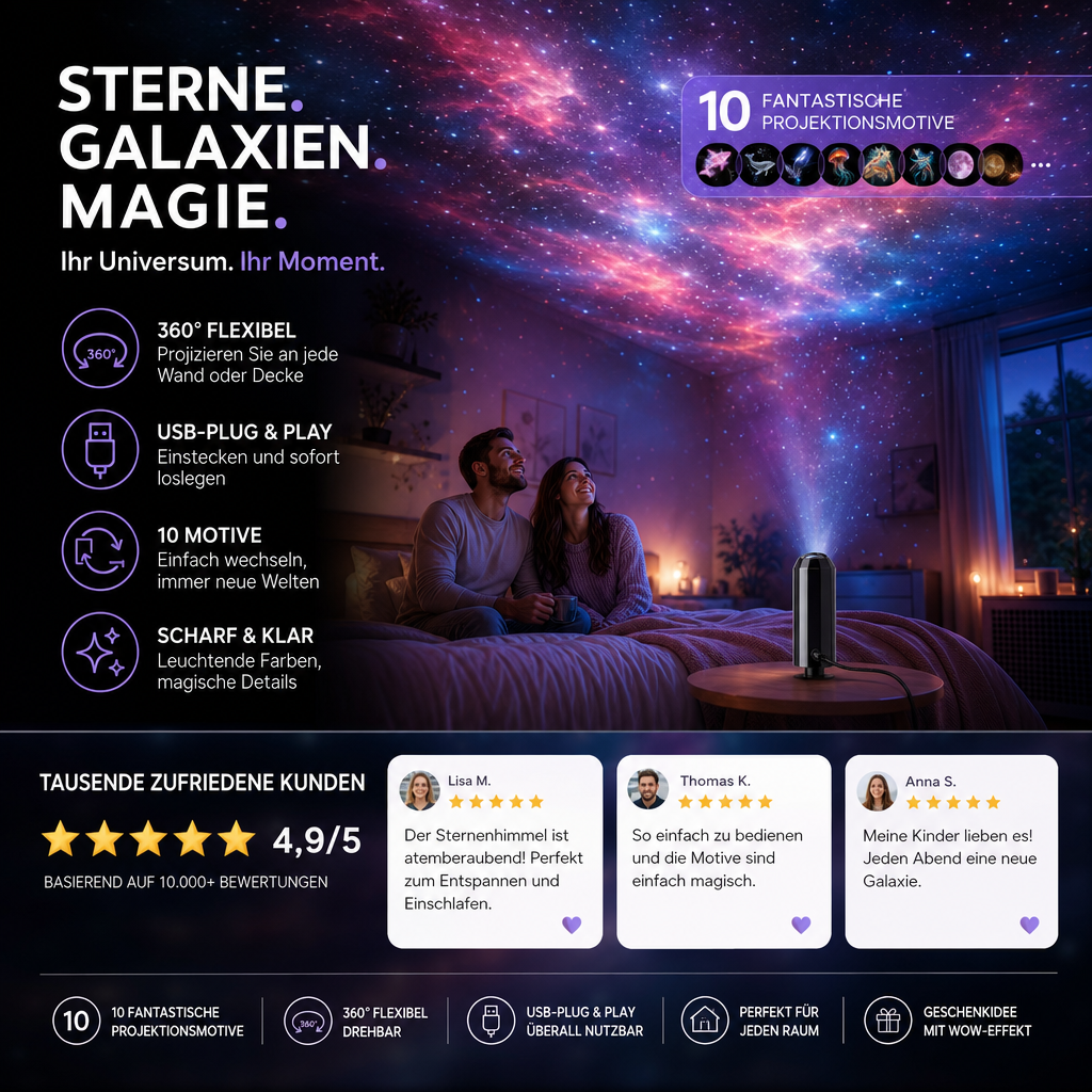 Paar sitzt im Bett unter bunter Galaxie-Projektion, unten Kundenbewertungen und Leiste mit Produktvorteilen 6
