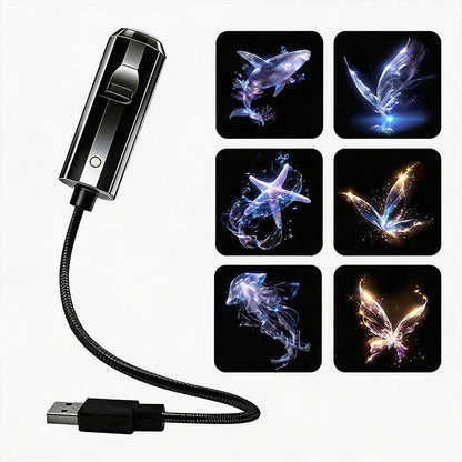 Schwarzer Projektor mit flexiblem Schwanenhals und USB-Stecker neben sechs Motiven mit Wal, Seestern, Qualle und 7