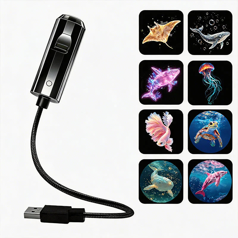 Projektor mit flexiblem USB-Arm freigestellt, daneben acht Meeresmotive wie Rochen, Wal, Qualle, Schildkröte und Delfin 8