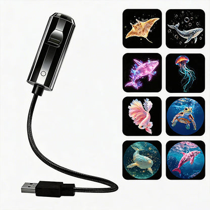Projektor mit flexiblem USB-Arm freigestellt, daneben acht Meeresmotive wie Rochen, Wal, Qualle, Schildkröte und Delfin 8