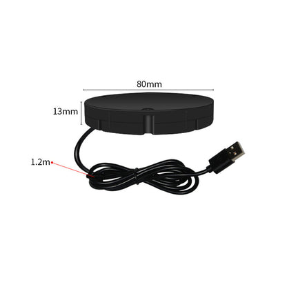 Schwarze flache Ladescheibe mit USB-Kabel und eingezeichneten Maßangaben.