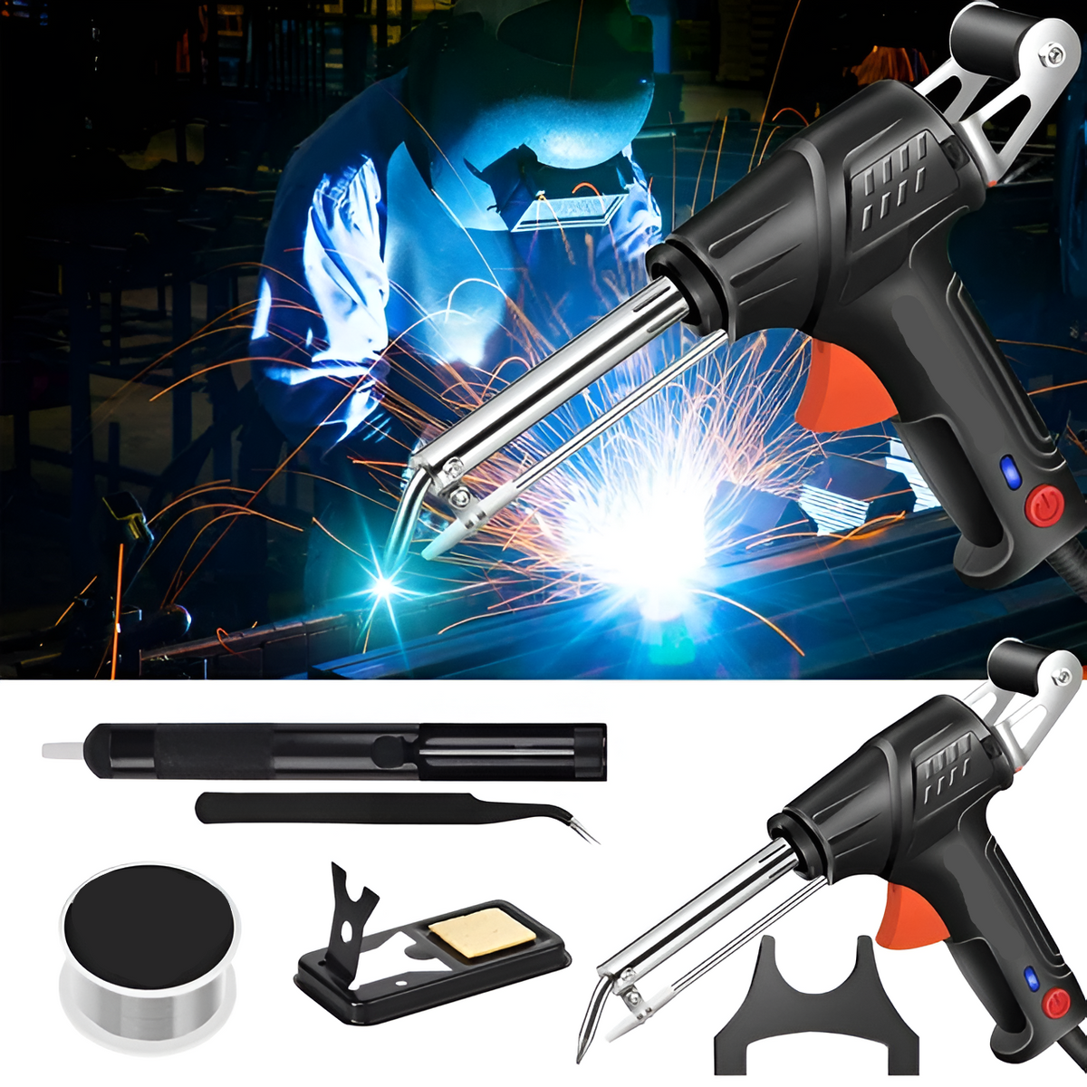 Collage aus Schweißer im Funkenregen und freigestellten Teilen: Werkzeug, Entlötpumpe, Pinzette, Lötdrahtspule und Ständer mit Schwamm. 5
