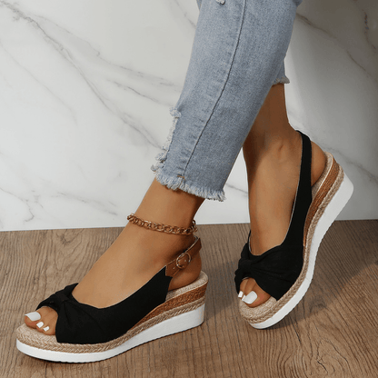 Damen Sandalen Keilabsatz Schwarz, bequem, Sommermode, Leosa, Jeans, Holzoptik, Fußkettchen.