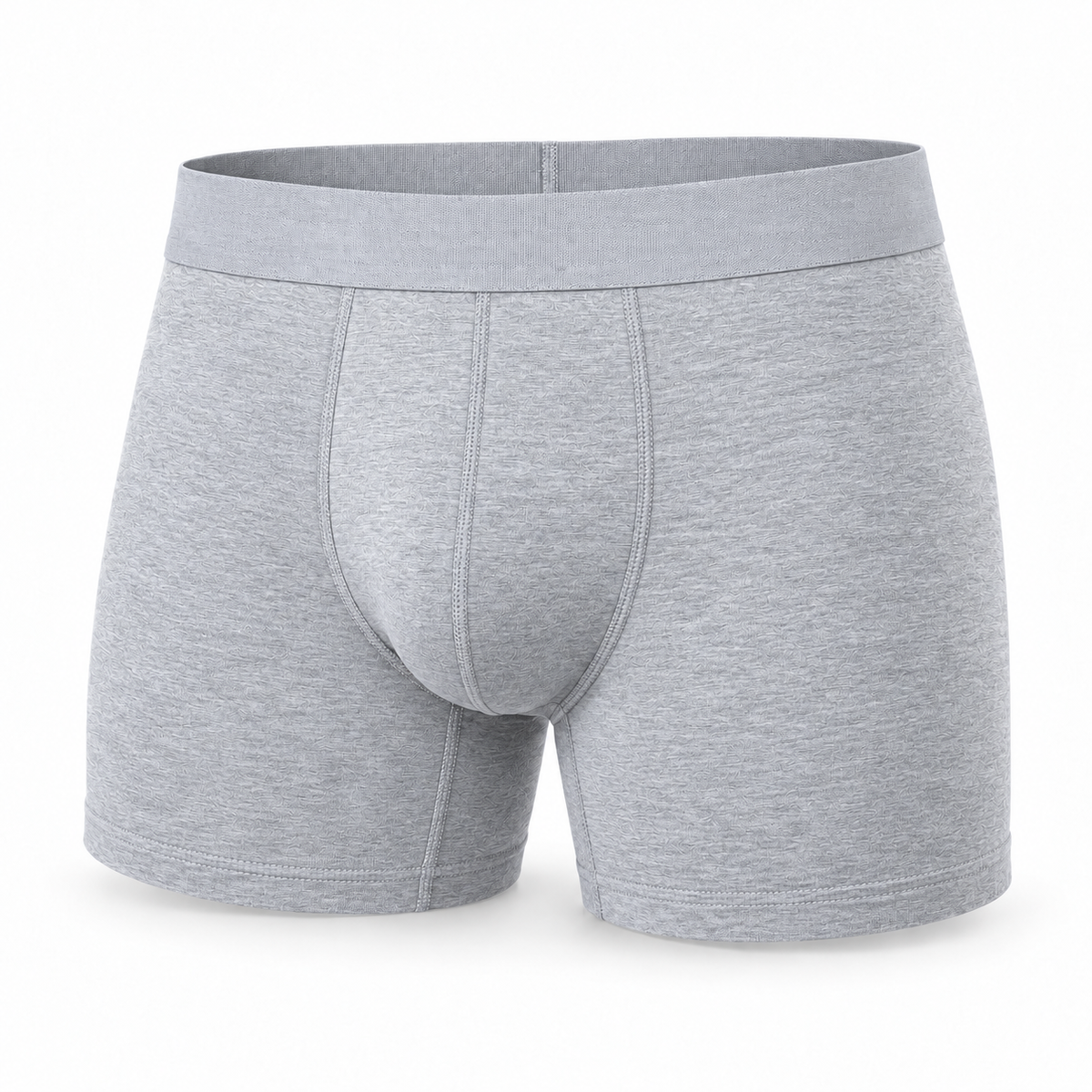 Einzelne hellgraue Boxerbriefs in melierter Optik, Vorderansicht mit breitem Bund und Ziernähten am Eingriff.