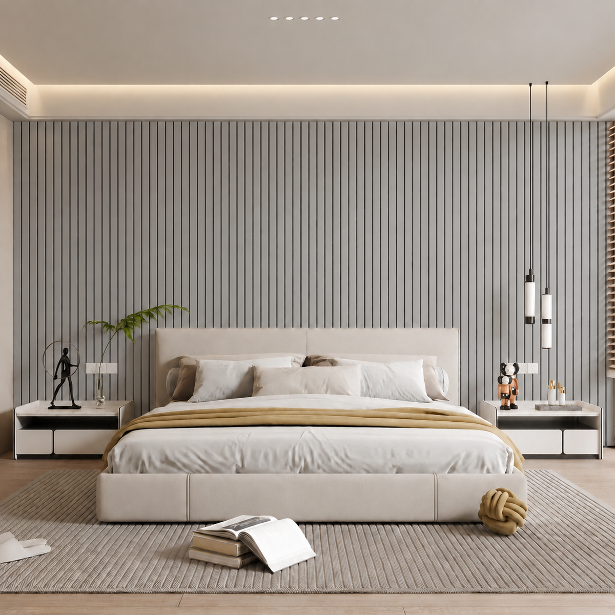Schlafzimmer mit grauer Lamellenwand hinter dem Bett, helles Polsterbett und Nachttische 14
