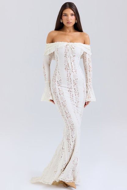Schulterfreies Herbst-Maxikleid aus floraler Spitze – Alondra