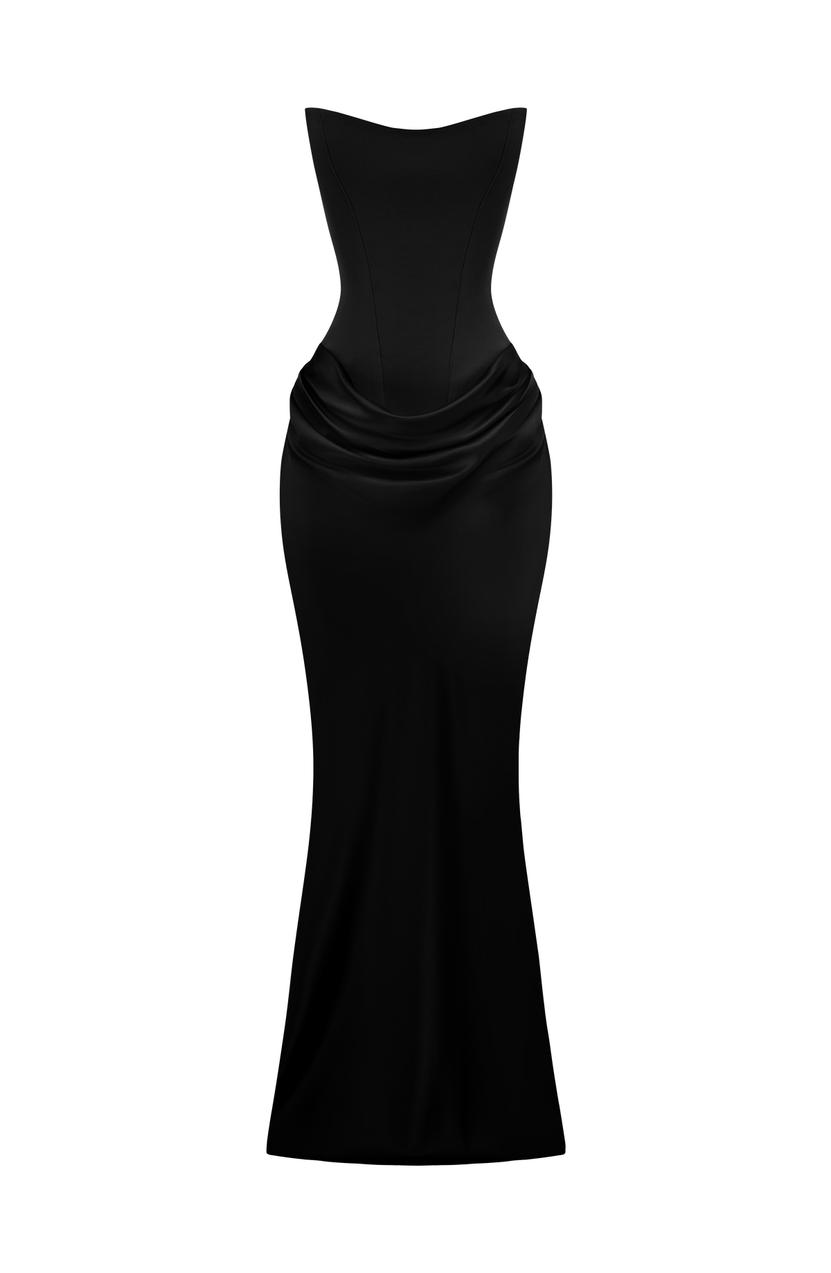 Schwarzes Maxikleid ohne Model freigestellt auf weißem Hintergrund, Korsettoberteil und Satinraffung an der Hüfte 28