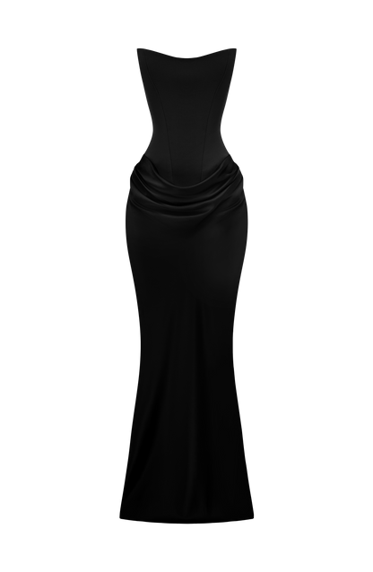 Schwarzes Maxikleid ohne Model freigestellt auf weißem Hintergrund, Korsettoberteil und Satinraffung an der Hüfte 28