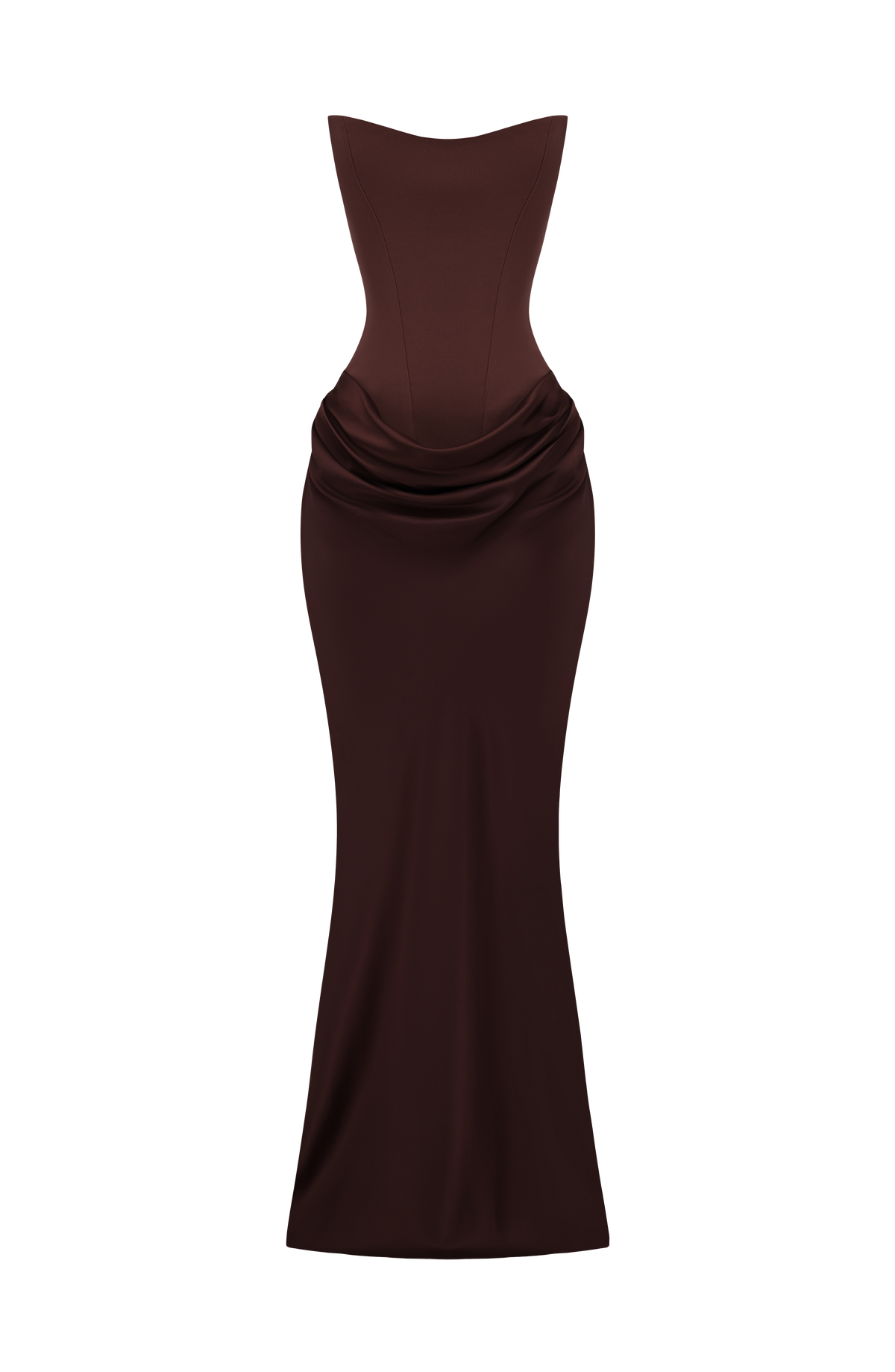Braunes Korsett-Maxikleid freigestellt als Produktfoto ohne Model 10